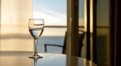 A glass of wine on a table with a stunning ocean view through a window, captured indoors.