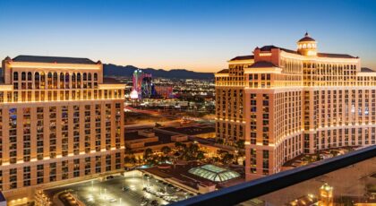 Stunning aerial view of the illuminated Bellagio Hotel and Las Vegas skyline during twilight.