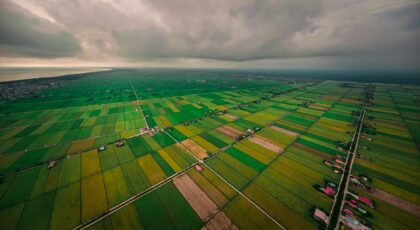 A captivating aerial view of Tanjung Karang's rural landscape with vibrant green fields under a dramatic sky.