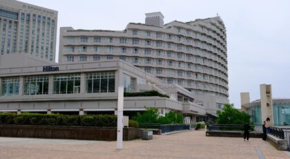 View of the Hilton Tokyo Odaiba and Grand Nikko hotels, showcasing modern urban architecture in Tokyo, Japan.